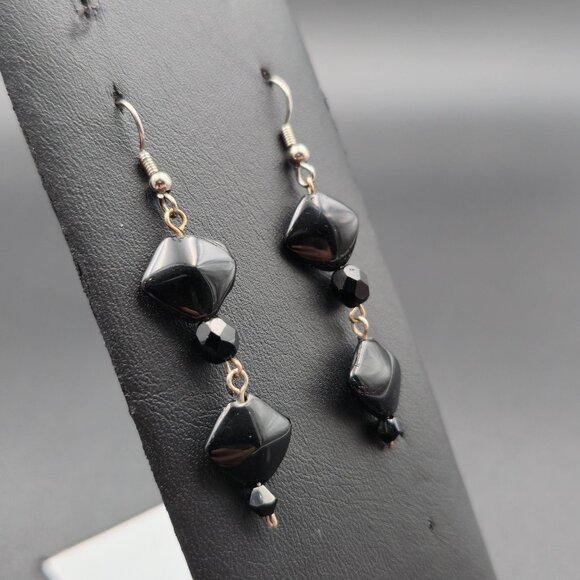 Silver Plated Black Stone Handmade Dangle Earrings A6313 - Picture 2 of 5